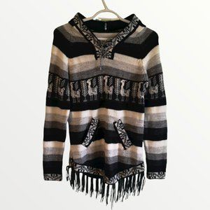 Alpaca Hooded Sweater with pockets and fringe from Peru - 30" Chest